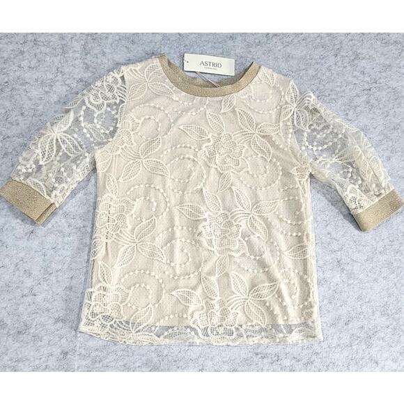 Astrid Tops - Astrid Floral Lace Overlay Top Metallic Trim Ivory XS Made in Italy NWT